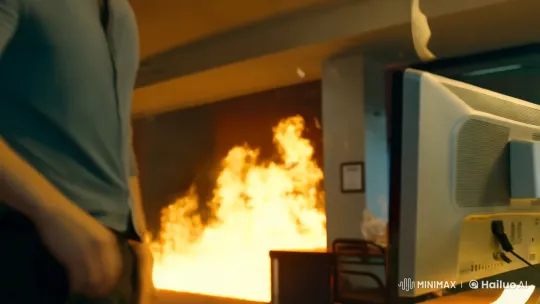 Man Calmly Types Amid Office Inferno – AI Generated Video | Hailuo AI