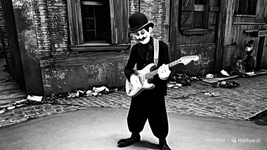 Charlie Chaplin as the Tramp, Performing with an Electric Guitar – AI Generated Video | Hailuo AI