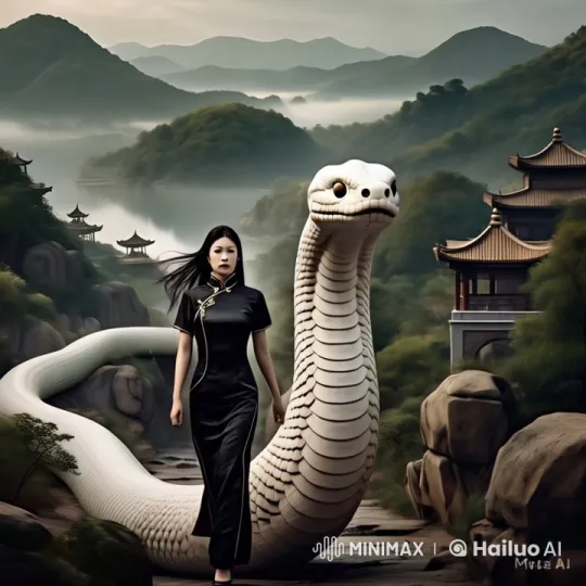 Graceful Woman Walks with Serpent in Mystical Chinese Landscape – AI Generated Video | Hailuo AI