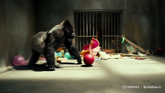 Gorilla Engages with Changing Objects in Dim Enclosure – AI Generated Video | Hailuo AI
