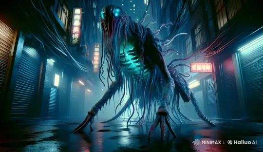 Nightmarish Creature in Neon Alley: Photorealistic Horror – AI Generated Video | Hailuo AI
