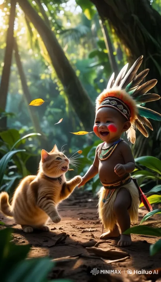 Joyful Child and Cat Celebrate Spring Festival in Jungle – AI Generated Video | Hailuo AI