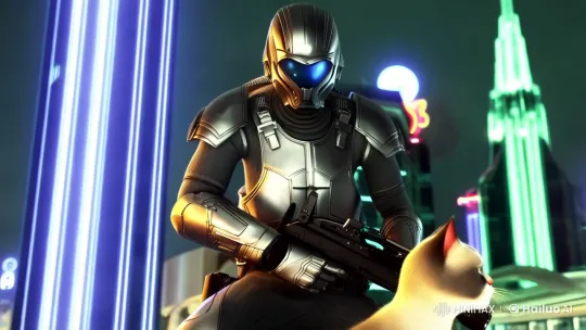Futuristic Soldier and Regal Siamese Cat in Neon Cityscape – AI Generated Video | Hailuo AI
