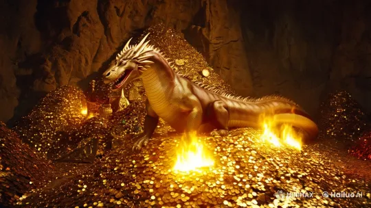 Dragon guards its glittering treasure in a vast cave. – AI Generated Video | Hailuo AI