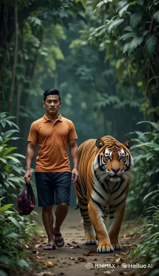Man and Tiger Walk in Harmony in Lush Forest – AI Generated Video | Hailuo AI