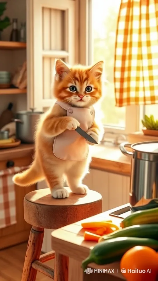 Cute Kitten Chef Dances in Sunlit Kitchen – AI Generated Video | Hailuo AI