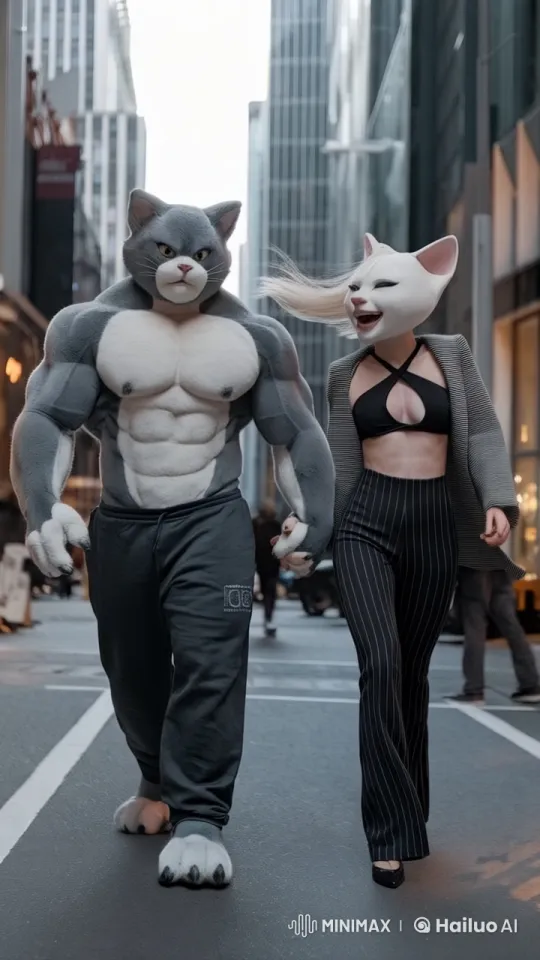 Anthropomorphic Couple Strolls Through Urban Cityscape – AI Generated Video | Hailuo AI