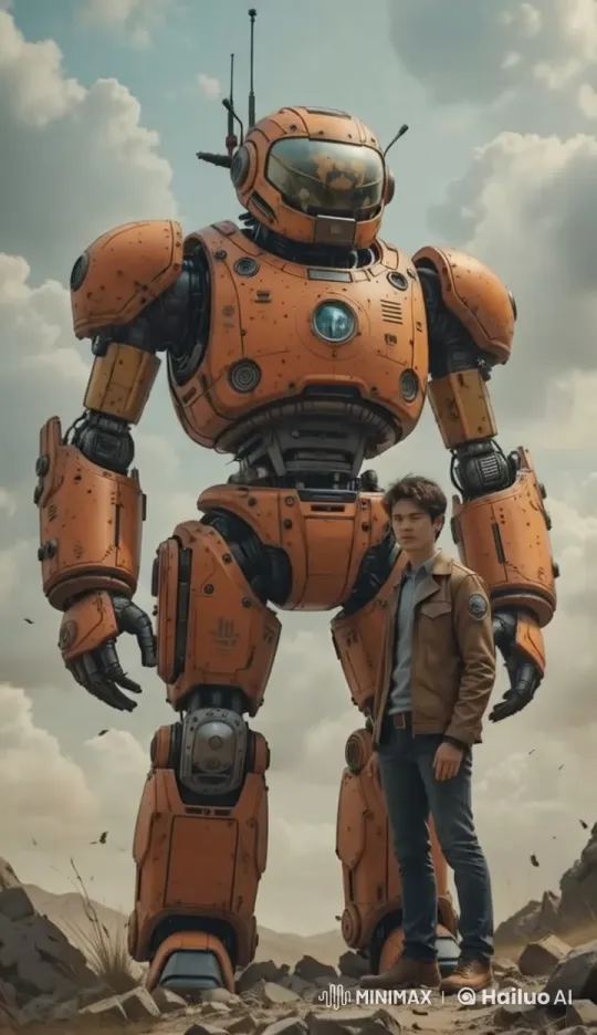 Post-apocalyptic man communicates with towering robot – AI Generated Video | Hailuo AI