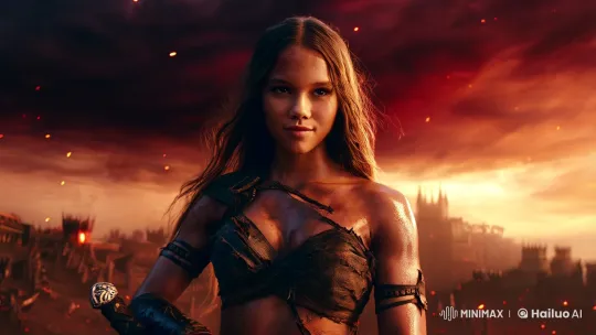 Warrior Queen Stands Amidst Fiery Battle Ruins – AI Generated Video | Hailuo AI