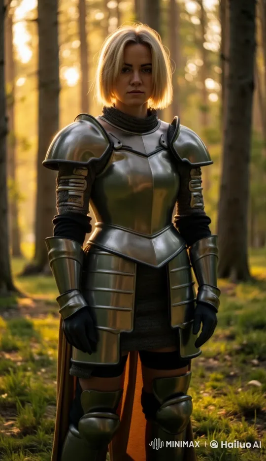 Armored Woman and Wolf Share Tender Moment in Animated Forest – AI Generated Video | Hailuo AI