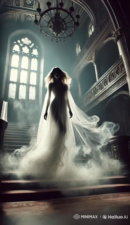 Mysterious Woman Glides in Gothic Hall with Eerie Smoke – AI Generated Video | Hailuo AI