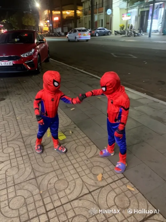 Children in Spider-Man Costumes Fight on City Sidewalk – AI Generated Video | Hailuo AI