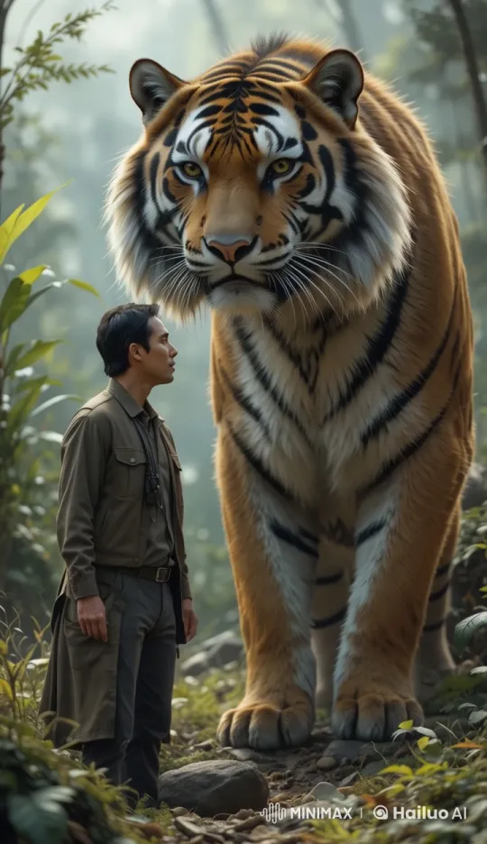 Man Converses with Animated Tiger in Lush Forest – AI Generated Video | Hailuo AI