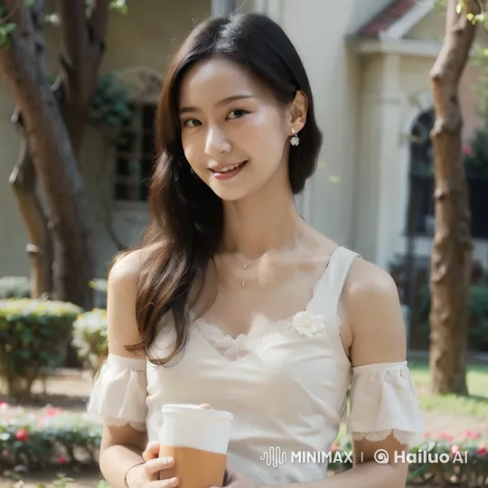 Oriental Girl Enjoying Coffee in a Sunny Garden – AI Generated Video | Hailuo AI