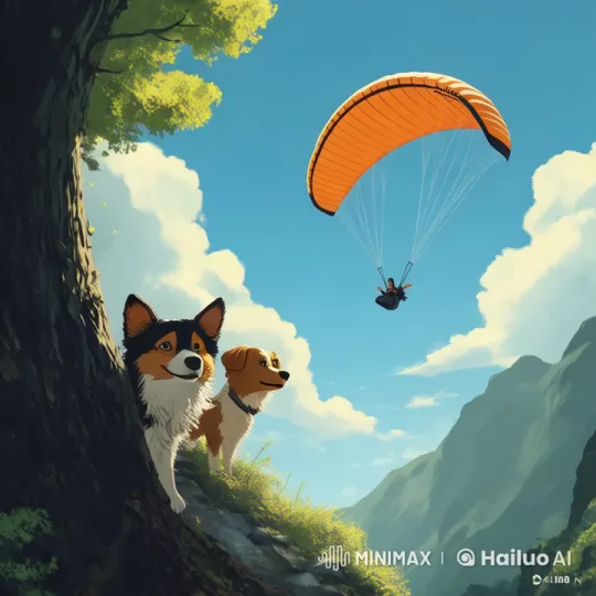 Dogs Marvel at Sister's Sky Flight in Serene Landscape – AI Generated Video | Hailuo AI