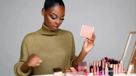 Elegant Woman Demonstrates Makeup Application in Modern Studio – AI Generated Video | Hailuo AI