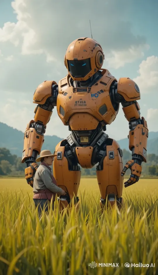 Farmer and Robot Converse in Lush Field Live2D Animation – AI Generated Video | Hailuo AI