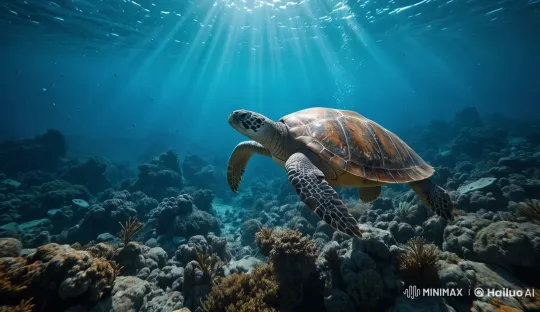 Majestic Sea Turtle Glides Over Coral Seabed – AI Generated Video | Hailuo AI