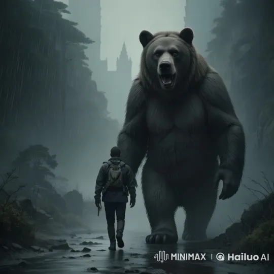 Man and Giant Bear Walk Through Rainy Canyon – AI Generated Video | Hailuo AI