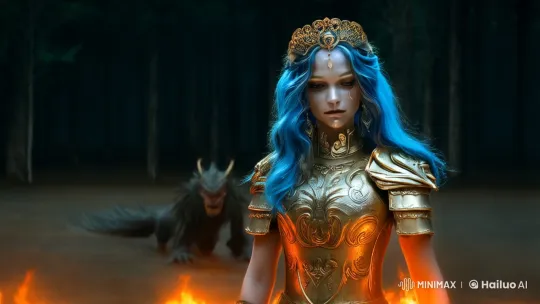 Fiery Maiden Battles Demons on a Desolate Plain – AI Generated Video | Hailuo AI