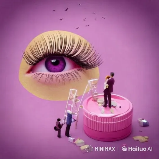 Hyper-Realistic Live2D Scene: Tiny Figures Apply Lashes to Giant Eye – AI Generated Video | Hailuo AI