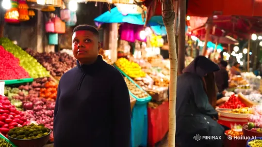 Vibrant Market Stall Examined by Solitary Figure – AI Generated Video | Hailuo AI