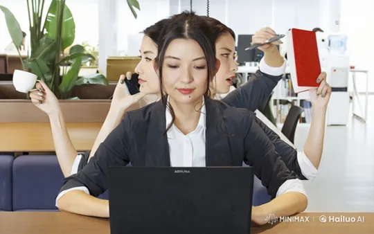 Three-Headed, Six-Armed Woman Expertly Multitasks in Office – AI Generated Video | Hailuo AI