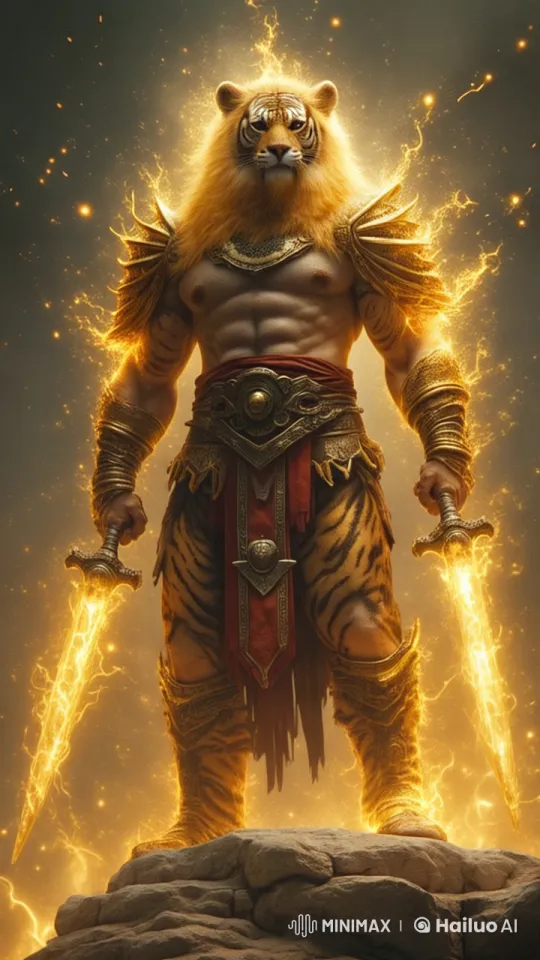 Golden Tiger Warrior Triumphs with Radiant Swords – AI Generated Video | Hailuo AI
