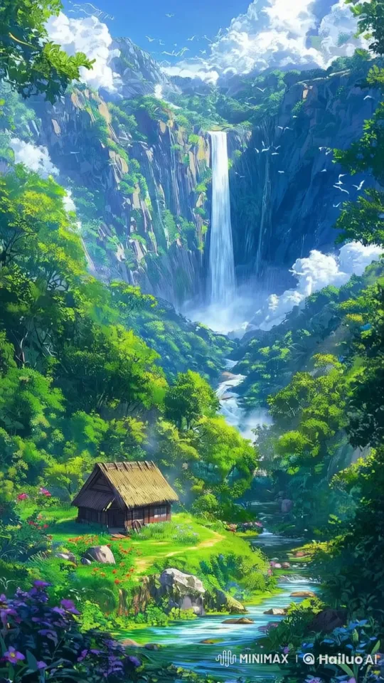 Tranquil Nature Haven with Serene Cabin and Waterfall – AI Generated Video | Hailuo AI