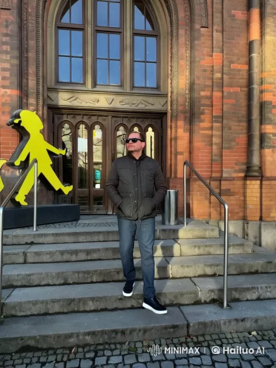 Man Contemplates Amidst Historic Building and Harmonious Pets – AI Generated Video | Hailuo AI