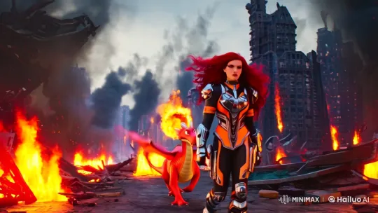 Futuristic Warrior and Fire Dragon in Epic Ruined Cityscape – AI Generated Video | Hailuo AI