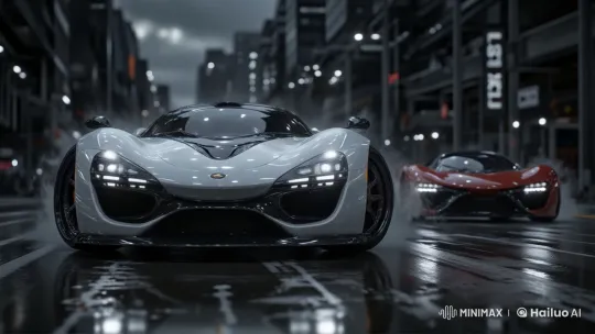 Thrilling High-Speed Chase: Sports Cars on Wet City Streets – AI Generated Video | Hailuo AI
