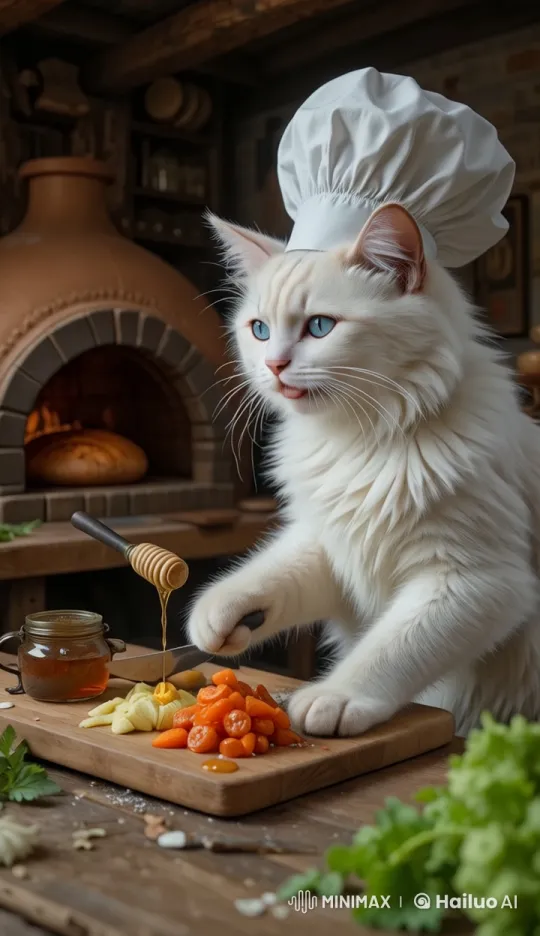 White Cat Chef Prepares Dishes with Honey in Rustic Kitchen – AI Generated Video | Hailuo AI