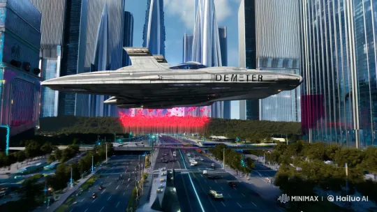 Futuristic Spacecraft DEMETER Navigates Vibrant Nova City – AI Generated Video | Hailuo AI
