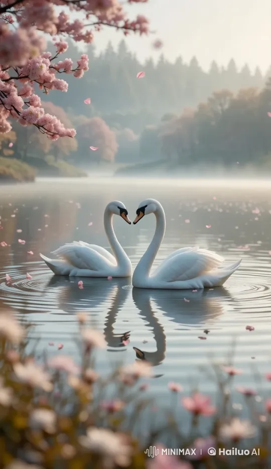 Peaceful Lake: Swans and Blossoms in Serene Harmony – AI Generated Video | Hailuo AI
