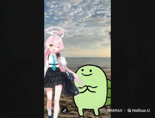 Anime Girl Bonds with Turtle on Serene Beach at Sunset – AI Generated Video | Hailuo AI