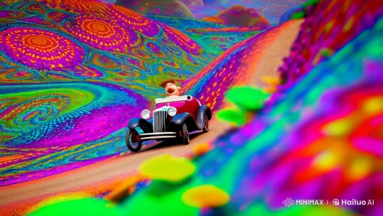 Eccentric Man Drives Through Surreal Kaleidoscopic Landscape – AI Generated Video | Hailuo AI