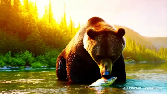 Majestic Brown Bear Enjoying Fried Capelin in Forest – AI Generated Video | Hailuo AI