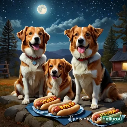 Three Animated Dogs Learn Sharing and Teamwork Over Hot Dogs – AI Generated Video | Hailuo AI