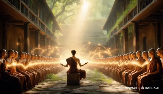 Monks Meditate in Peaceful Courtyard with Spiritual Energy Flow – AI Generated Video | Hailuo AI