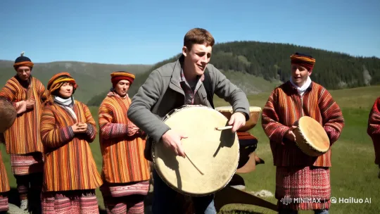 Young Man Beats Yakut Drum Among Traditionally Clad Group – AI Generated Video | Hailuo AI