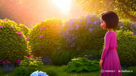 Bot Delivers Blooms to Girl in Enchanted Morning Garden – AI Generated Video | Hailuo AI