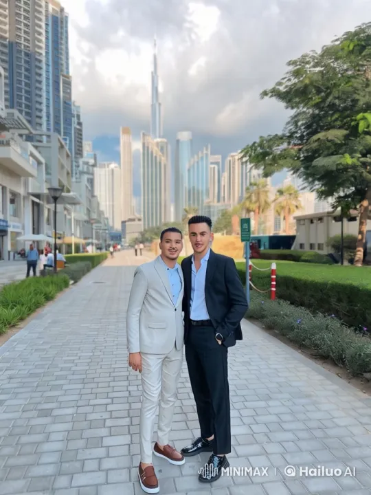 Two Men in Suits Playing Guitars in Urban Setting – AI Generated Video | Hailuo AI