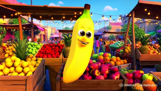 Animated Banana Dances in Lively Fruit Market – AI Generated Video | Hailuo AI
