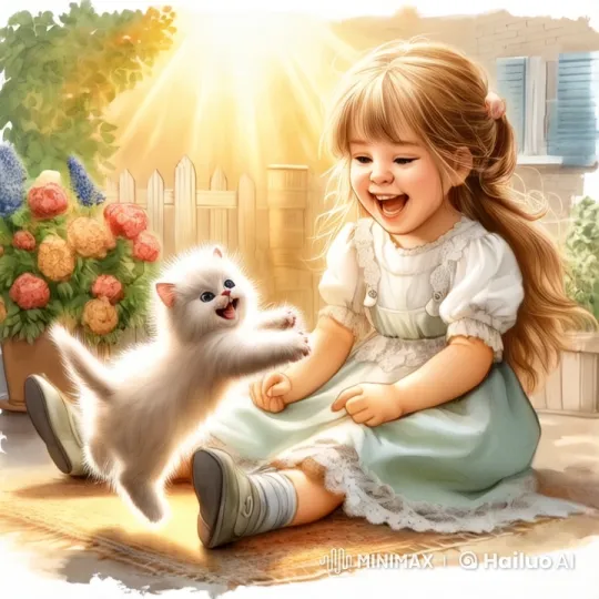 Sunlit Garden Play: Girl and Joyful Kitten – AI Generated Video | Hailuo AI