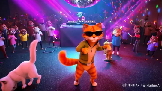 Orange Cat Leads Funky Disco Party in Animated Scene – AI Generated Video | Hailuo AI