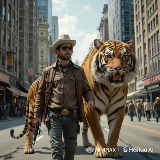 Cowboy and Tiger Stroll Through Urban Live2D Scene – AI Generated Video | Hailuo AI