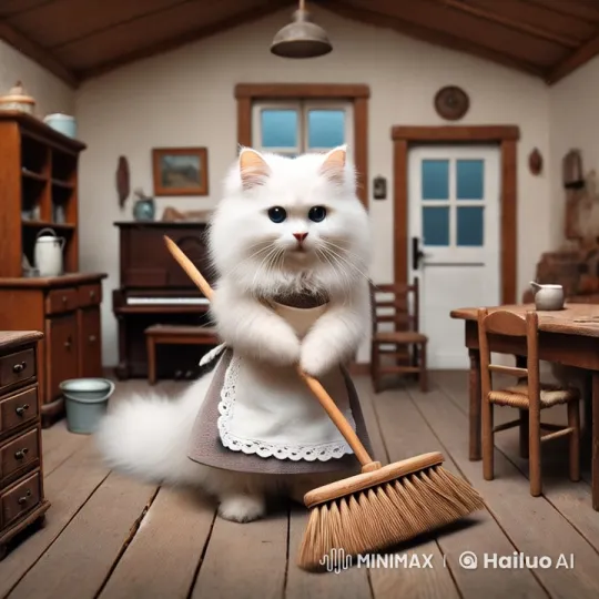 Fluffy Cat Cleans Rustic Room in Live2D Animation – AI Generated Video | Hailuo AI
