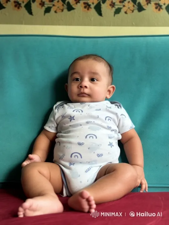 Baby Dancing Joyfully on Teal Couch with Floral Border – AI Generated Video | Hailuo AI