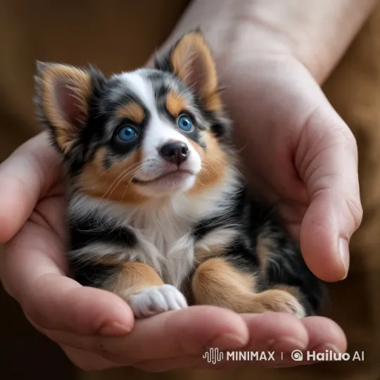 Adorable Tricolored Puppy Showcased in Gentle Hold – AI Generated Video | Hailuo AI